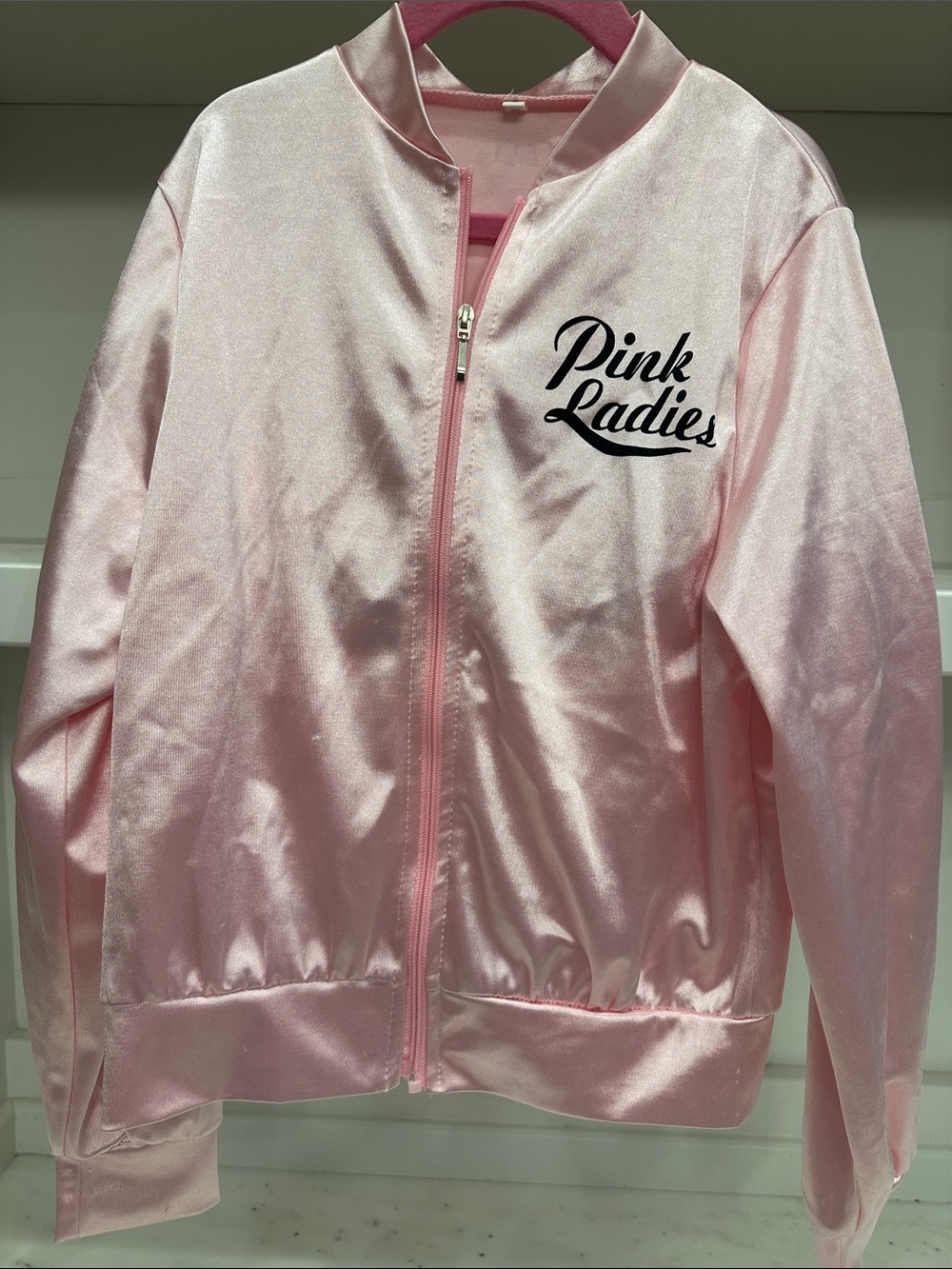 Pink Lady girls size 6 youth pink Satin Bomber Jacket with ribbon. Like new